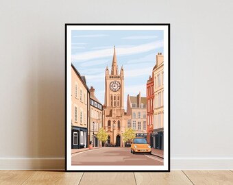 May include: A digital illustration of a street scene in a European city. The street is lined with buildings, including a tall church with a clock tower. A yellow car is driving down the street.