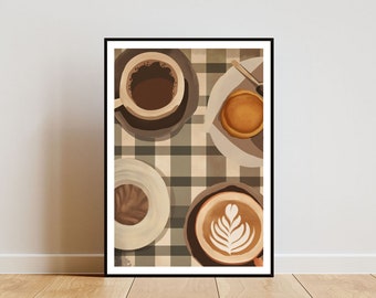 May include: A digital illustration of a coffee shop scene with three cups of coffee on a checkered tablecloth. One cup has a latte art design, another has black coffee, and the third cup is empty. There is also a pastry on a plate.