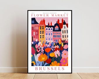Bryssels blomstermarknadsaffisch, Brysselaffisch, blomstermarknadstryck, väggkonst för blommor, botanisk poster, blommig väggkonst, rosa blomaffisch