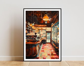 May include: A painting of a cafe interior with a wooden counter, a coffee machine, and a tiled floor. The cafe is lit by hanging light fixtures and has a window looking out onto a street.