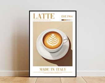 Puede incluir: Un póster con un diseño minimalista que presenta una taza de café con arte latte. El póster se titula "LATTE" y dice "EST. 1964" y "MADE IN ITALY".