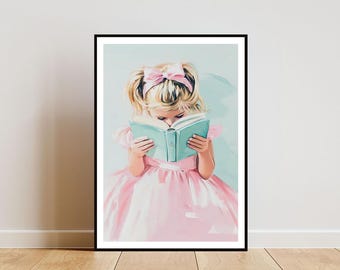 Póster de niña leyendo un libro, impresión de libro, arte mural de libros, póster de arte de libros, impresión de biblioteca, póster para sala de estar, arte mural vintage, pintura de libros