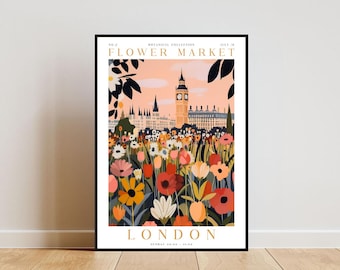 London Flower Market Poster, London Poster, Flower Market Print, Flower Wall Art, Botanical Poster, Floral Wall Art, Red Flower Poster