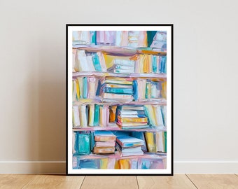 Plakat na półkę z książkami, Druk książki, Sztuka ścienna z książkami, Plakat artystyczny z książkami, Druk biblioteczny, Plakat do salonu, Sztuka ścienna w stylu vintage, Sztuka boho, Malarstwo olejne
