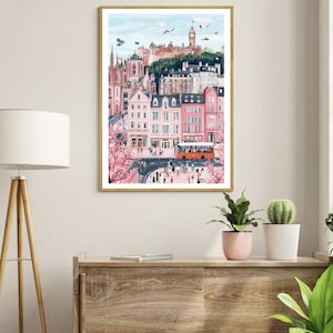 May include: A colorful illustration of a city scene with pink buildings, a red double-decker bus, and a castle in the background. The illustration features a street with people walking and trees with pink blossoms.