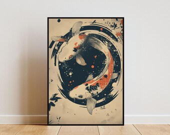 Pôster vintage japonês de carpa koi, impressão japonesa, arte de parede com carpa japonesa, pôster de carpa, decoração oriental, arte japonesa, arte de carpa koi