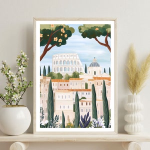 May include: A digital illustration of a cityscape with a white building with arches, a dome-shaped building, and a row of houses. The buildings are surrounded by green trees and bushes. The sky is blue with white clouds.
