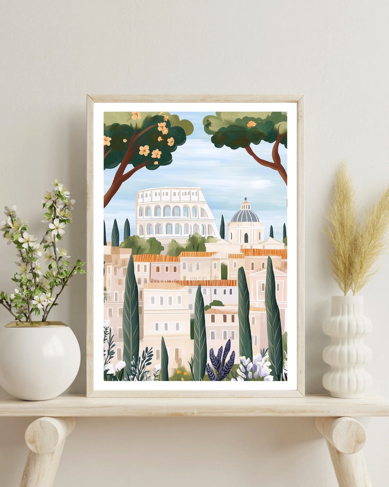 May include: A digital illustration of a cityscape with a white building with arches, a dome-shaped building, and a row of houses. The buildings are surrounded by green trees and bushes. The sky is blue with white clouds.