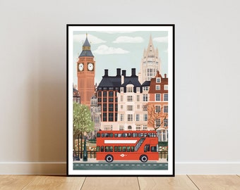 Plakat z Londynem, wydruk z Big Benem, sztuka ścienna z Londynem, plakat podróżniczy, wydruk z Londynem, Londyn, Anglia, sztuka ścienna z London Eye, sztuka pastelowa, Wielka Brytania, sztuka brytyjska
