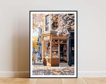 Vintage Coffee Shop Painting, Retro Wall Art, Coffee Shop Wall Art, Coffee Art Poster, Coffee Print, Cafe Wall Art, Cherry Blossom Art