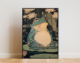 Op de afbeelding: Een blauwe kikker met witte vlekken zit op een waterlelieblad in een vijver. De kikker heeft grote, ronde ogen en een brede, tandenrijke grijns. De vijver is omgeven door groene waterleliebladeren en witte bloemen.