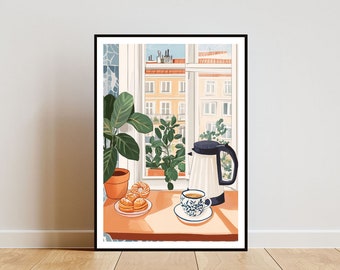 May include: A white electric kettle with a black handle sits on a wooden table next to a cup of coffee and a plate of pastries. A window with a view of a city building is in the background.