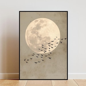 Poster Luna Beige, Arte murale Luna, Poster Uccelli, Stampa Luna Beige, Poster Luna, Arte murale Uccelli, Poster Spazio, Arte murale Neutra, Stampa Spazio