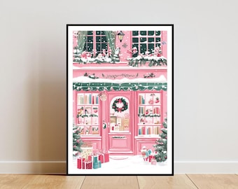 Bookshop Poster, Christmas Print, Bookstore Wall Art, Book Art Poster, Library Print, Bookshop, Book Wall Art, Christmas Poster, Pink Poster
