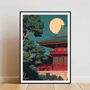 Vintage Japanese Temple Poster, Japanese Print, Retro Japan Wall Art, Japanese Poster, Vintage Japanese Night Art, Retro Japanese Wall Art
