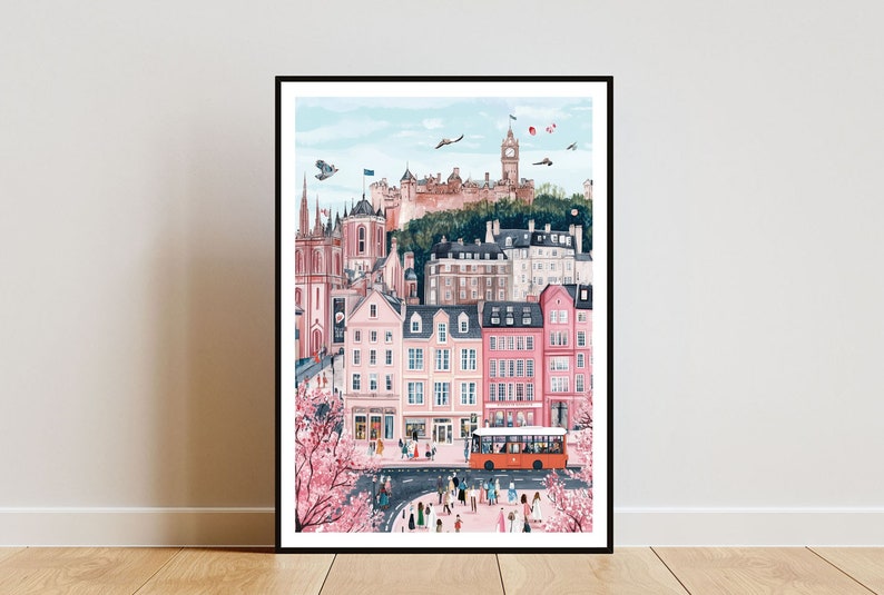 May include: A colorful illustration of a city scene with pink buildings, a red double-decker bus, and a castle in the background. The illustration features a street with people walking and trees in bloom.