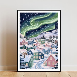 Reykjavik Poster, Northern Lights Print, Iceland Wall Art, Travel Poster, Reykjavik Iceland, Reykjavik Wall Art, Scandinavia Art, Pastel Art