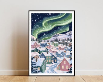 Poster Reykjavik, print noorderlicht, kunst aan de muur IJsland, reisposter, Reykjavik, IJsland, kunst aan de muur Reykjavik, kunst Scandinavië, pastelkunst
