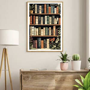 Puede incluir: Una ilustraci&oacute;n enmarcada de una estanter&iacute;a llena de libros, con un fondo oscuro y algunas plantas en los estantes. Los libros tienen diferentes colores y patrones, y algunos tienen t&iacute;tulos visibles.