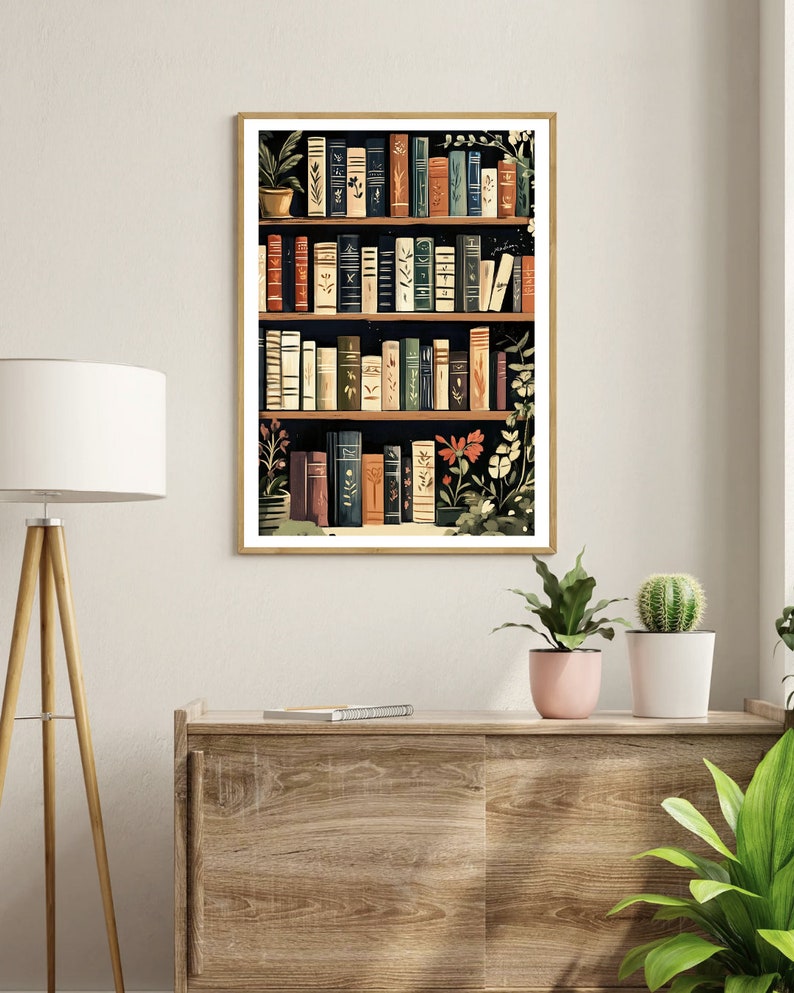 Puede incluir: Una ilustraci&oacute;n enmarcada de una estanter&iacute;a llena de libros, con un fondo oscuro y algunas plantas en los estantes. Los libros tienen diferentes colores y patrones, y algunos tienen t&iacute;tulos visibles.