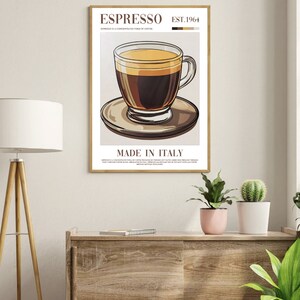 May include: A vintage-style poster with a brown background featuring a glass of espresso with a brown handle and a brown saucer. The poster has the text "Espresso" in brown text, "EST. 1964" in brown text, and "Made in Italy" in brown text.
