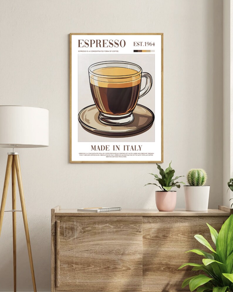 May include: A vintage-style poster with a brown background featuring a glass of espresso with a brown handle and a brown saucer. The poster has the text "Espresso" in brown text, "EST. 1964" in brown text, and "Made in Italy" in brown text.
