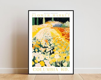 Póster del mercado de flores de Columbia Road, póster de Columbia Road, impresión del mercado de flores, arte mural de flores, póster botánico, póster de flores amarillas