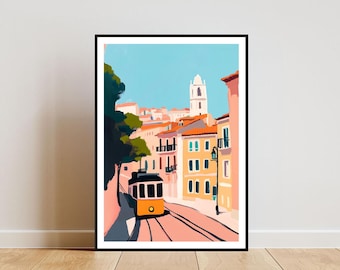 Poster di Lisbona, stampa del tram di Lisbona, arte murale del Portogallo, poster di viaggio, stampa del Portogallo, Lisbona, Portogallo, dipinto a olio di Lisbona, arte pastello, Europa