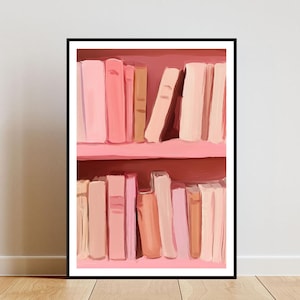 Bookshelf Poster, Book Print, Book Wall Art, Book Art Poster, Library Print, Living Room Poster, Vintage Wall Art, Pink Print, Retro Poster