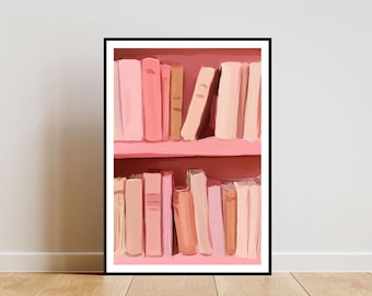 Bookshelf Poster, Book Print, Book Wall Art, Book Art Poster, Library Print, Living Room Poster, Vintage Wall Art, Pink Print, Retro Poster