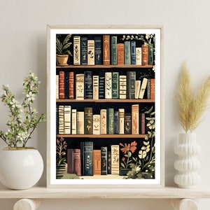 Puede incluir: Una ilustraci&oacute;n enmarcada de una estanter&iacute;a llena de libros, con plantas y flores que crecen alrededor de los libros. La estanter&iacute;a es de color marr&oacute;n oscuro con estantes blancos. Los libros son principalmente marrones y negros con algunas espinas verdes y rojas. Las plantas son verdes y las flores son rojas.
