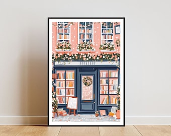 Boekwinkelposter, kerstafdruk, kunst aan de muur boekhandel, boekkunstposter, bibliotheekafdruk, boekhandel, kunst aan de muur boeken, bloemenposter, pastelkunst