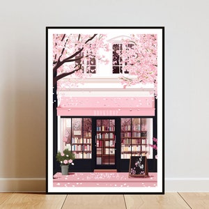 May include: A pink storefront with a sign that reads "BOOKSHOP" surrounded by cherry blossom trees. The storefront has large windows displaying bookshelves filled with books.