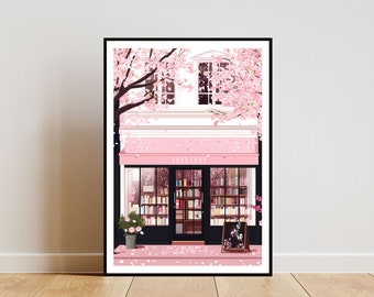 Bookshop Poster, Cherry Blossom Art, Bookstore Wall Art, Book Art Poster, Library Print, Bookshop, Book Wall Art, Vintage Poster, Pink Print