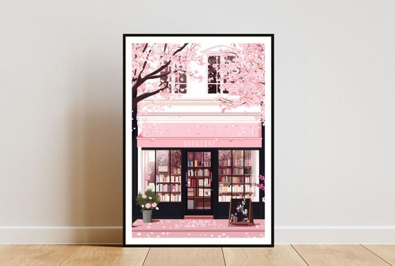 Bookshop Poster, Cherry Blossom Art, Bookstore Wall Art, Book Art Poster, Library Print, Bookshop, Book Wall Art, Vintage Poster, Pink Print