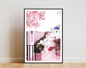 Santorini Poster, Santorini Print, Greece Wall Art, Travel Poster, Greek Print, Santorini Greece, Santorini Wall Art, Cherry Blossom Art