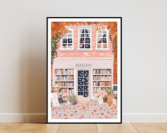 Bookshop Poster, Autumn Print, Bookstore Wall Art, Book Art Poster, Library Print, Bookshop, Book Wall Art, Vintage Poster, Pastel Art