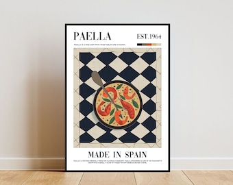 Poster retrò di paella, stampa da cucina, arte murale di paella, poster di cibo, stampa di paella, arte di paella, arte murale della cucina, poster della cucina, poster spagnolo