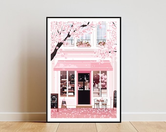 Coffee Shop Poster, Cherry Blossom Art, Coffee Shop Wall Art, Coffee Art Poster, Coffee Print, Cafe, Cafe Wall Art, Vintage Poster, Shop Art