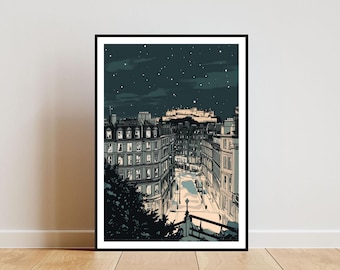May include: A digital illustration of a cityscape at night with a starry sky. The buildings are lit up with warm yellow lights and the street below is empty. The illustration is in a black frame.