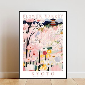 Op de afbeelding: Een poster met een kleurrijke illustratie van een Japanse tuin met roze kersenbloesems, een pagode en de tekst "FLOWER MARKET" en "KYOTO".