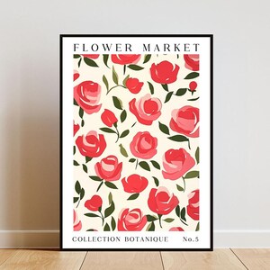 Póster de mercado de flores de rosas, póster de rosas, impresión de mercado de flores, arte de pared de flores, póster botánico, arte de pared floral, póster de flores rojas