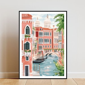 May include: A digital illustration of a canal in Venice, Italy. The canal is lined with pink buildings and a bridge. There are boats in the water and green trees in the background.