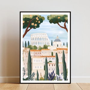 May include: A colorful illustration of a cityscape with a large white building with arches in the background. The city is surrounded by green trees and bushes.