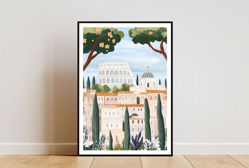May include: A colorful illustration of a cityscape with a large white building with arches in the background. The city is surrounded by green trees and bushes.