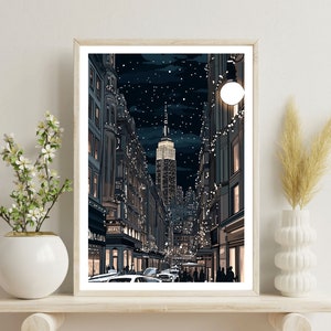 May include: A digital illustration of a nighttime cityscape with a tall skyscraper in the distance. The street is lined with buildings and decorated with string lights. The sky is dark blue with white stars.