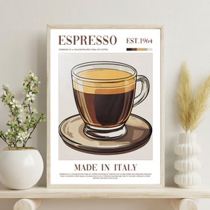 May include: A vintage-style poster with a brown wooden frame, featuring a graphic illustration of a glass of espresso coffee on a saucer. The poster has the text "Espresso Est. 1964" and "Made in Italy" in a brown font.