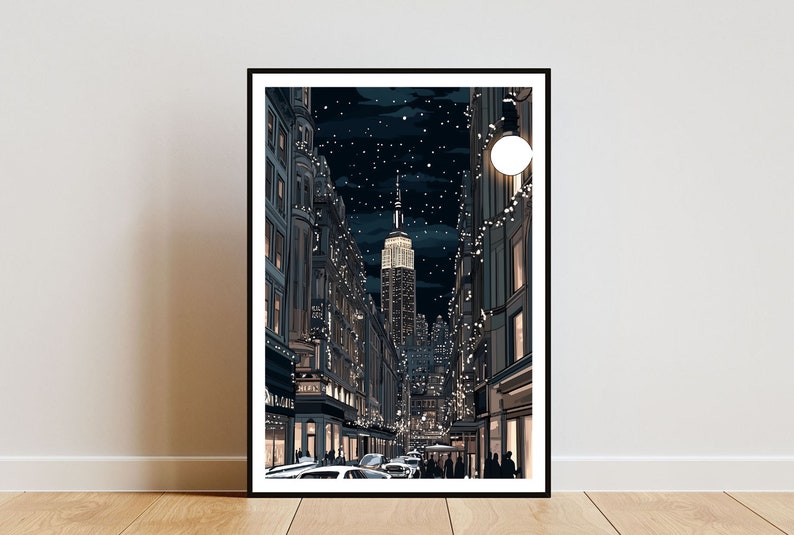 May include: A digital illustration of a city street at night with a tall skyscraper in the distance. The street is lined with buildings and decorated with string lights. The sky is dark and filled with stars.