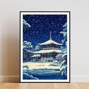 Vintage Japanese Temple Poster, Japanese Print, Retro Japan Wall Art, Japanese Poster, Vintage Japanese Winter Art, Retro Japanese Wall Art