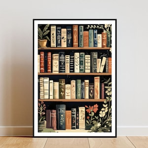 Puede incluir: Una ilustraci&oacute;n enmarcada en negro de una estanter&iacute;a llena de libros coloridos. La estanter&iacute;a est&aacute; decorada con plantas y flores. El fondo es azul oscuro.